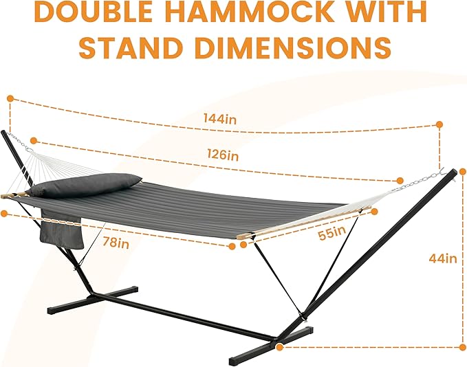 Lazy Daze Hammocks 2 Person Portable Hammock with 12FT Stand for Outside, 10.5FT Quilted Double Hammock with Spreader Bar and Detachable Pillow, 450lbs Capacity for Outdoor Patio, Grey