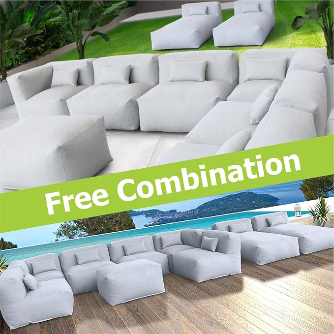 Dineli ANNYH Patio Eraclea 9PCS Outdoor Furniture Sectional Conversation Set - 2 Lounger 4Middle 2 Corner 1 Ottoman/Coffee-Expansion Foam Filling Chairs. Unique Modular Contemporary Sofa (Cloud Gray)