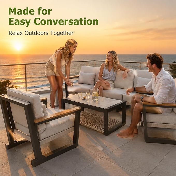 Aluminum Patio Furniture Set 5 Seats, Oversized Outdoor Sectional with Washable Thick Cushions, Coffee Table and Waterproof Cover, Patio Conversation Sets for Porch, Balcony, Deck Grey