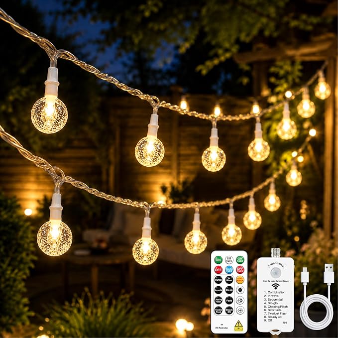 Crystal Globe String Lights 2500mAh Rechargeable Battery Operated | 16FT 50LED Outdoor Waterproof with Remote, Timer & 8 Modes, Fairy Lights for Yard Garden Patio Wedding Christmas (Warm White)