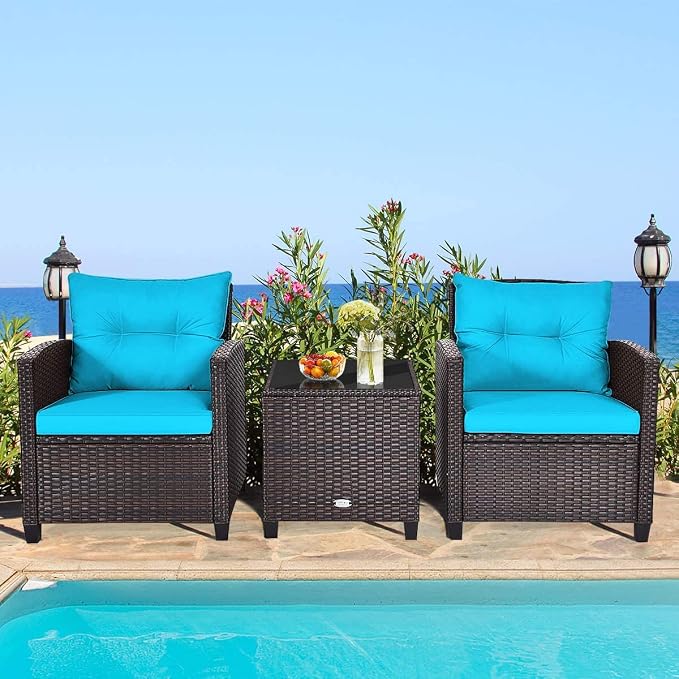 HAPPYGRILL 3 Pieces Patio Conversation Set, Outdoor Furniture Set PE Rattan Sofa Set with Removable Cushions, PE Wicker Chairs with Tempered Glass Side Table for Porch Lawn Garden Balcony Backyard