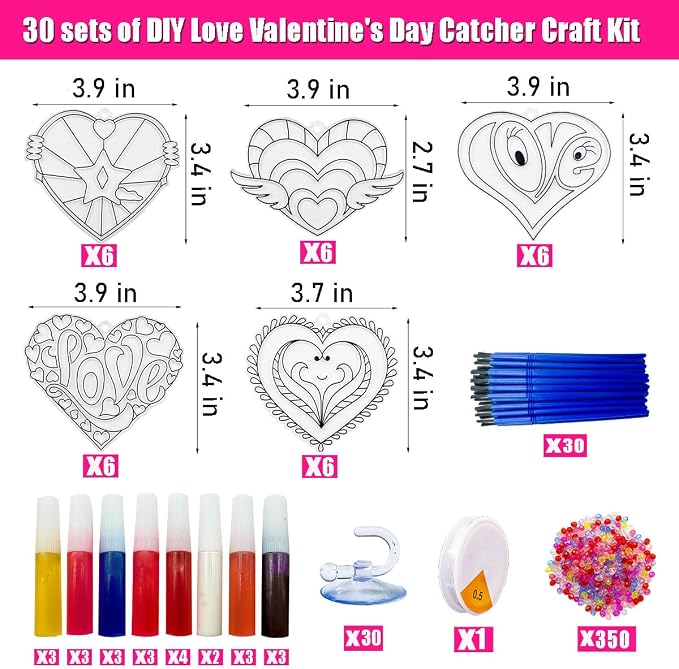 AUEKIV 30 Sets Valentine's Heart Suncatchers Craft DIY Kit Window Paint Art Suncatchers Valentine's Day Heart Sun Catcher Art Crafts Supplies for Valentine Gift Exchange Classroom Activities