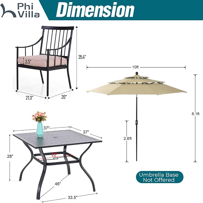 PHI VILLA 5-Piece Patio Dining Set, 37" Square Metal Table, Fixed Chairs | Cushions Chairs, 10ft Umbrella Included, Beige, All-Weather Use
