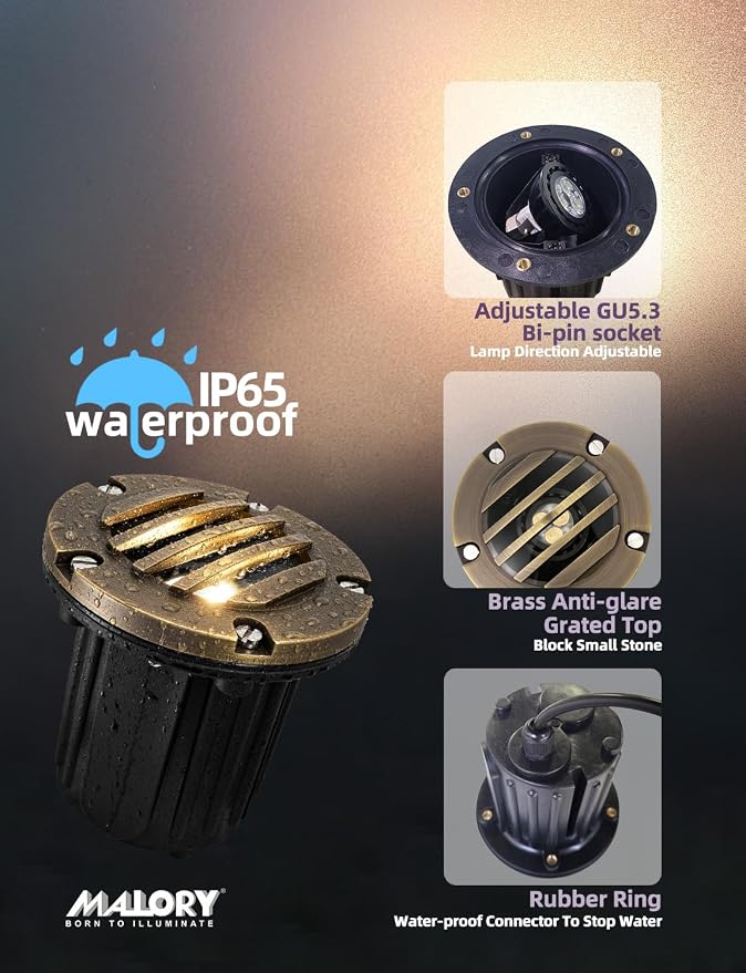 MALORY Brass Top Cover Landscape Well Lights,(φ126 mm) 12V Low Voltage Outdoor In Ground Lights,Landscape Lighting for Pathway, Driveway and Garden (Grated Top, 10-Pack with Bulb)