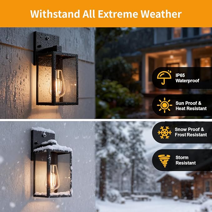 Dusk to Dawn Outdoor Porch Lighting Fixtures Wall Mount, Sensor Exterior Wall Light for House, Ouside Lantern Lamp, Waterproof Wall Sconce Lights, Black Metal Coach Light for Garage Entryway