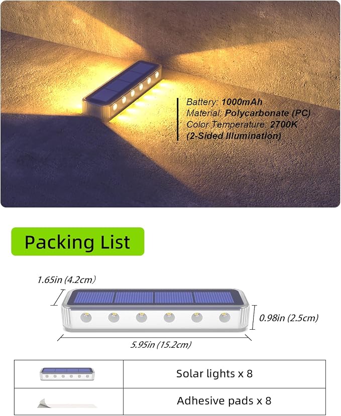 DetarZinLED Solar Step Lights, 12 LEDs 2-Sided Glow, IP68 8 Pack Warm White | IP68 Waterproof, Solar Powered, Auto ON/OFF, Stick on, Sturdy Polycarbonate Shell, for Outdoor Dock, Deck, Flat, Stair, Porch