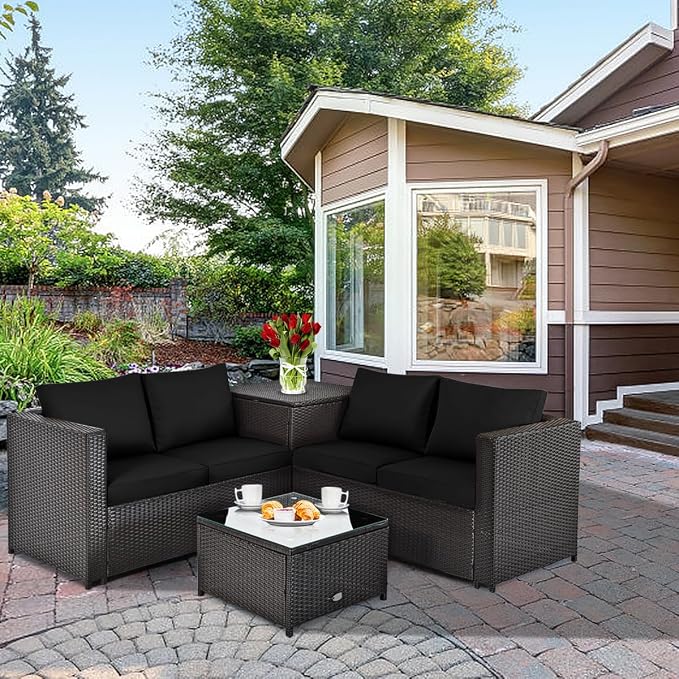 HAPPYGRILL 4 Pieces PE Rattan Wicker Conversation Set Outdoor Patio Furniture Sofa Set with Storage Box and Tempered Glass Coffee Table for Backyard Garden Porch