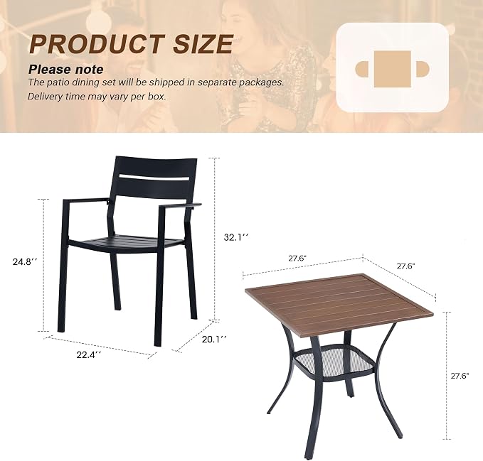 VICLLAX Patio 3 Pieces Outdoor Bistro Table Set, Wrought Iron Metal Furniture with 28" Square Table and 2 Stackable Chairs, Patio Dining Set for Patio, Lawn, Garden, Porch, Walnut/Black