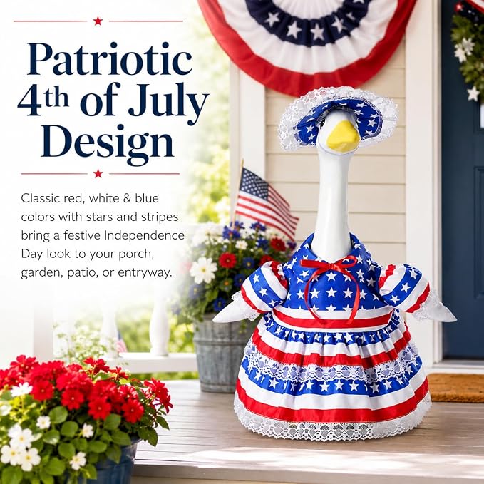 4th of July Porch Goose Outfit for 23 Inch Goose Statue, Patriotic Red White and Blue Porch Goose Dress with Lace Bonnet, Summer Sculpture Clothes for Independence Day Garden Patio Decor