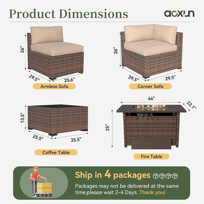 Aoxun 12 Piece Patio Furniture Set with 44” Fire Pit Table Wicker Rattan Outdoor Sectional Sofa Set with Coffee Table and Thickened Cushions, Beige