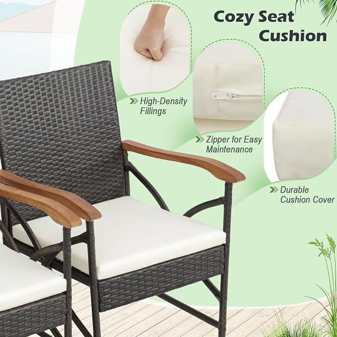 Tangkula 9 Pieces Patio Dining Table and Chairs Set with Umbrella Hole, Acacia Wood Table with Metal Frame, and Heavy Duty Cushioned Wicker Chairs, for Backyard, Garden and Poolside (Mix Brown)