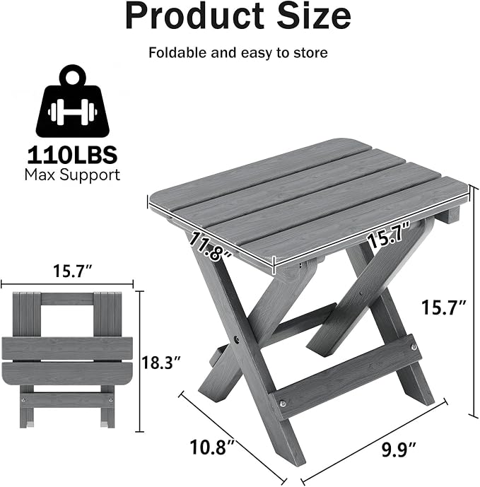Folding Outdoor Side Table,Small HDPE Patio Table,All-Weather Compact Portable End Table for Patio,Porch,Pool,Grey,11.8" D x 15.7" W x 15.7" H