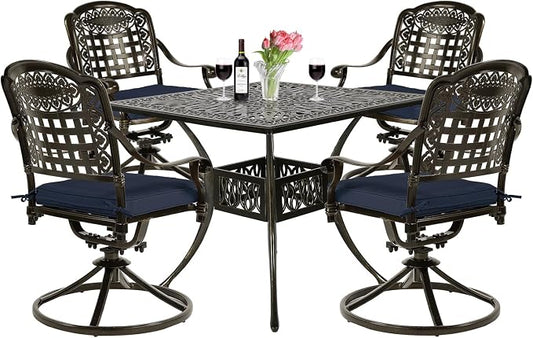 VIVIJASON 5-Piece Outdoor Patio Dining Set, All-Weather Cast Aluminum Conversation Set, Patio Furniture Set Include 4 Swivel Cushioned Chairs, 1 Square Table w/Umbrella Hole, Navy Blue Cushion