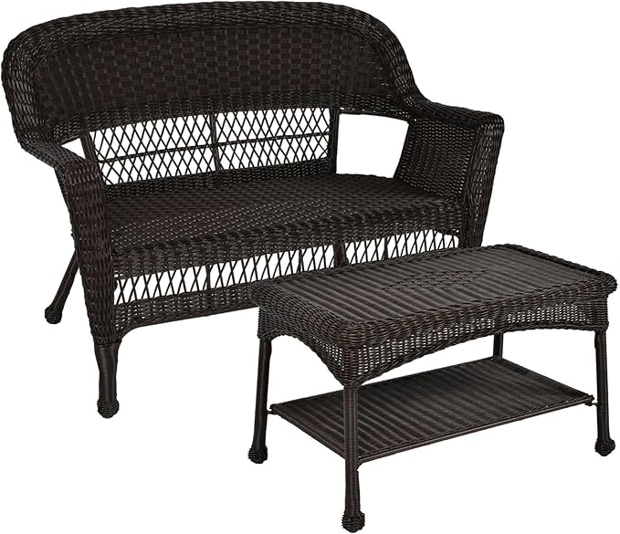 Jeco Wicker Patio Love Seat and Coffee Table Set without Cushion, Black