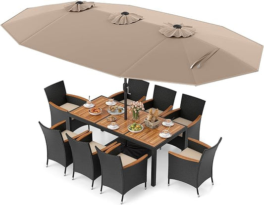 Tangkula 11 Piece Patio Wicker Dining Set w/Double-Sided Patio Umbrella, 8 Stackable Cushioned Chairs, 71" Acacia Wood Dining Table & 15 ft Umbrella with Weighted Base (Coffee+Off White)