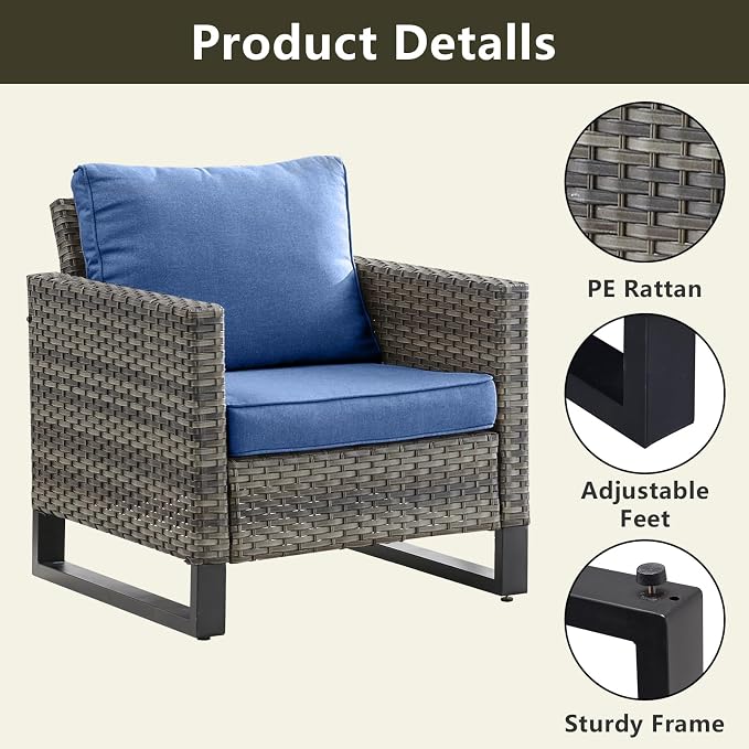 Rilyson Luxury Wicker Outdoor Patio Furniture Set of 5-5 Piece Patio Conversation Set with Ottoman*2, Wicker Chairs*2, Metal Side Table*1 for Outside Porch Deck Backyard Garden(Mixed Grey/Blue)