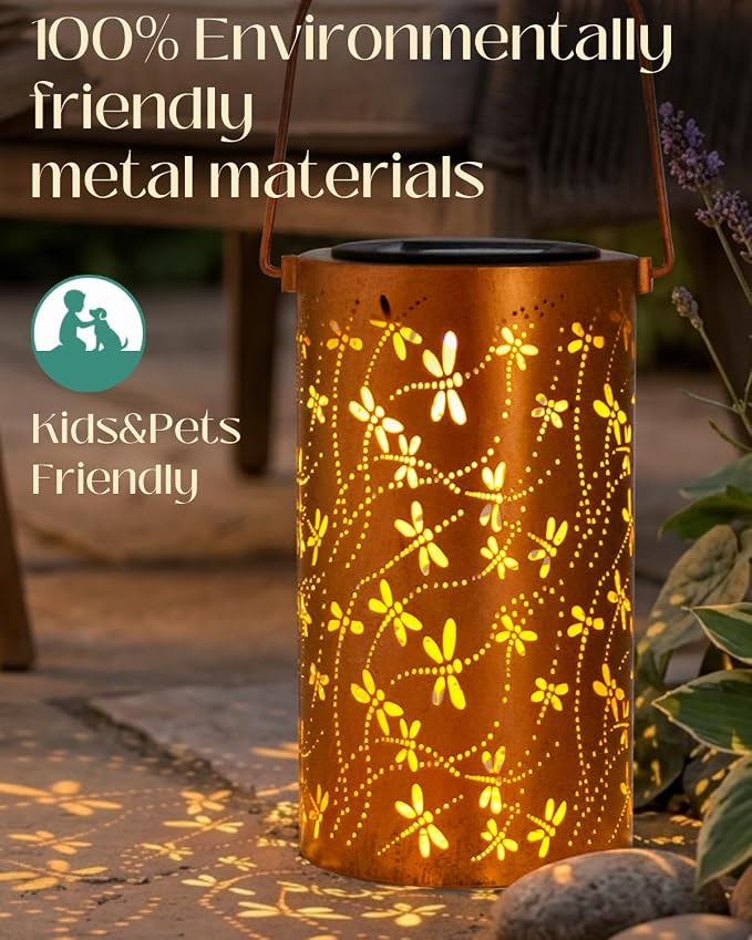 DIBIEECN Birthday Gifts for Women Mom Grandma Wife, Solar Lanterns Outdoor Waterproof, Metal Hanging Lights Garden Decor, LED Decorative Lantern for Patio Porch Backyard,Dragonfly, 1 Pack