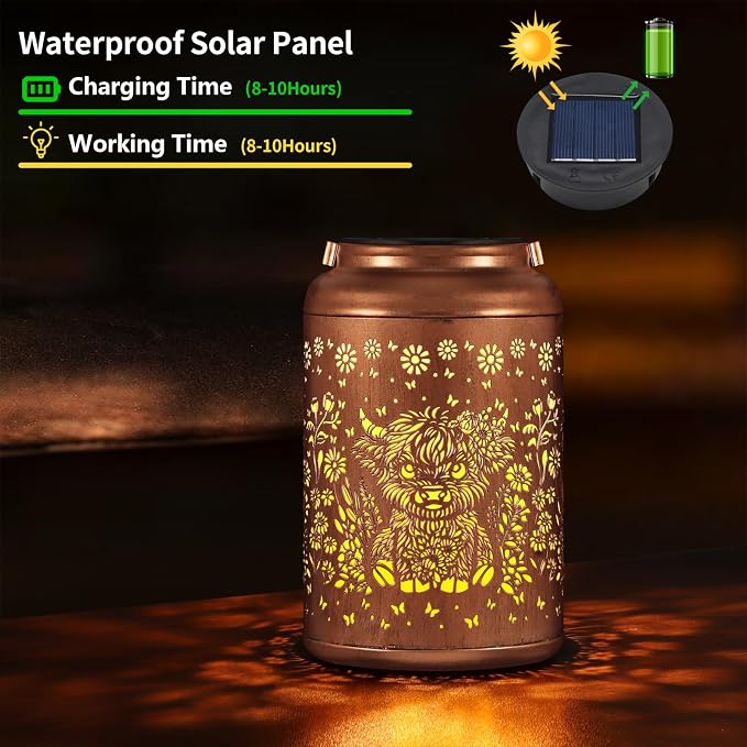 Solar Lanterns Outdoor Waterproof Garden Decor Gifts for Women Mom | Highland Cattle Metal Hanging Solar Lights Birthday Gifts for Grandma Mom Solar Decoration Outside for Yard, Patio, Porch