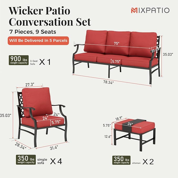 MIXPATIO Patio Furniture Set 7 pcs, Outdoor Patio Furniture, 3-Seat Sofa, 4 Single Chairs, 2 Ottomans and 5.75" Extra Thick Cushion, Patio Conversation Set for Garden Backyard Deck,Red
