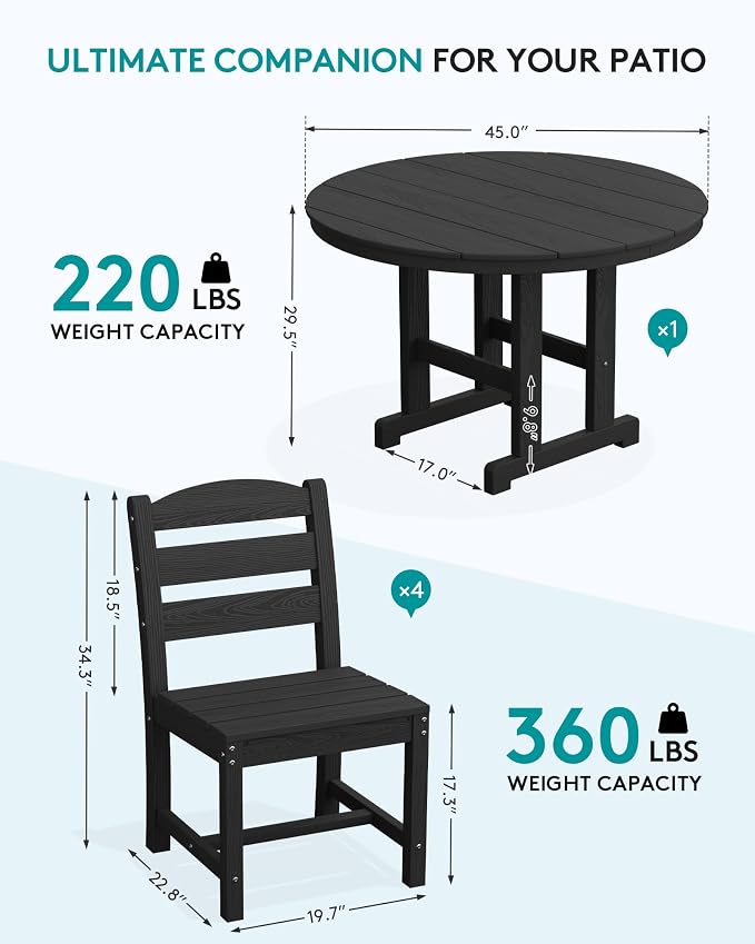 SERWALL 5-Piece Outdoor Round Dining Sets, HDPE Patio Table and Chairs Furniture Set, 45" Round Dining Table and 4 Armless Dining Chairs, Black