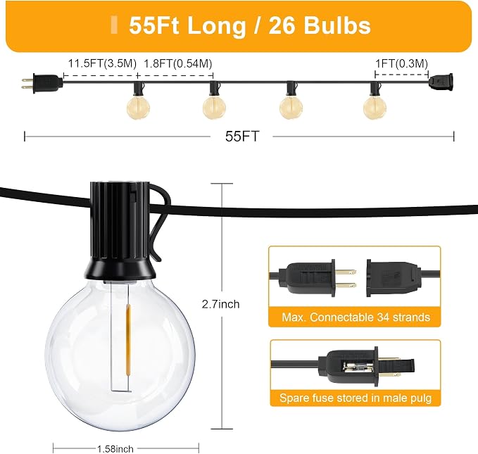 OHLUX Outdoor String Lights, 55FT Shatterproof LED Patio Lights with 26 Dimmable Plastic G40 Bulbs, 2200K Waterproof Connectable Hanging String for Backyard Cafe Porch Deck E12 Base