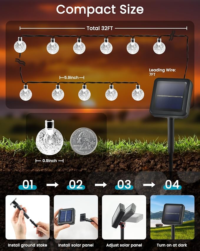 LORRYTE Solar String Lights Outdoor 32FT 50 LED Patio Lights, White | Crystal Globe, IP65 Waterproof, Auto On/Off, 8 Modes Solar Powered Light for Outside Garden Yard Wedding Porch Party Decor