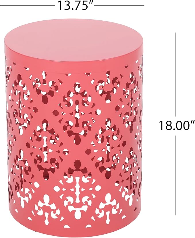 Benzara Kemo Outdoor End Table, Round 14 Inch, Cutout Design, Dark Peach Iron