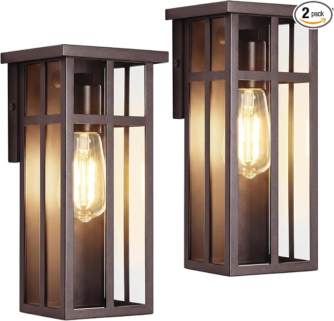 Outdoor Wall Light Fixtures, Modern Brown Porch Wall Lanterns | Waterproof Construction & Durable Metal, Rust-Resistant, Quick & Easy Installation, Clear Glass Shades & Standard E26 Socket