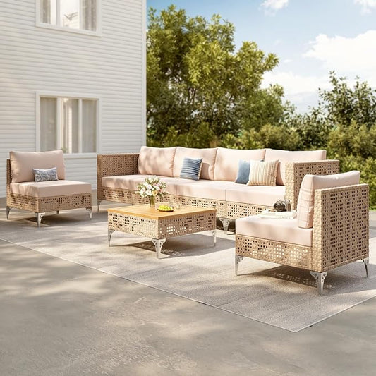 Sophia and William Wicker Patio Furniture Set, 7 Pieces Rattan Outdoor Conversation Sets, L-Shaped Yellow Patio Sectional Sofas Boho Modular Couch Set with Coffee Table for Yard Porch, Beige Cushion