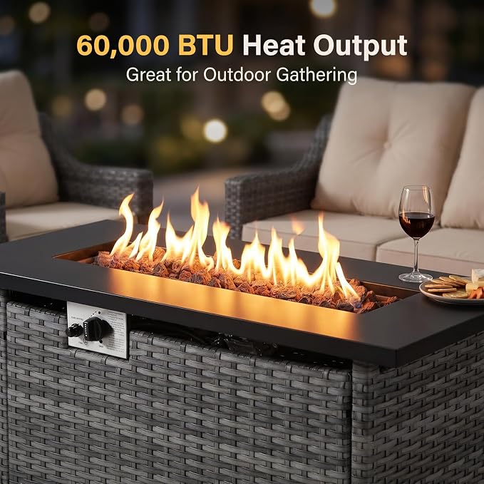 7-Piece Outdoor Patio Furniture Set, Grey Wicker Conversation Set with Sofa, 2 Swivel Chairs, 2 Chairs, Side Table and Rectangular 60,000 BTU Fire Pit Table, Beige Cushions