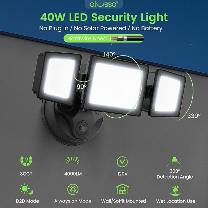 ALUSSO Dusk to Dawn Outdoor Lighting Hardwired(Not Solar), Flood Lights Outdoor 120V 40W 4000LM, 3CCT 3000K/4000K/6000K 3 Heads Security Light for Garage Yard Walkway, ETL, Dusk to Dawn Black, 2pack