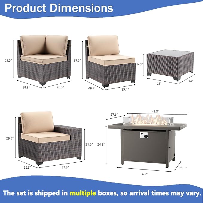 16 PCS Outdoor Patio Furniture Set,Outdoor Sectional Furniture with 45" 55000 BTU Gas Propane Fire Pit Table,All Weather PE Rattan Wicker Patio Conversation Set,Swivel Rocking Chairs Set,Sand