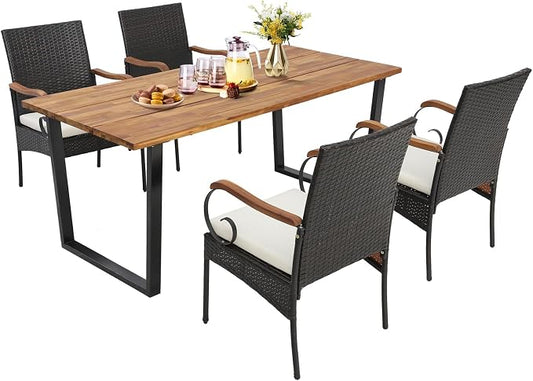 Tangkula 5 PCS Patio Rattan Dining Set, Outdoor Wicker Chair & Dining Table Set, Acacia Wood Tabletop & Armrests, 2” Umbrella Hole, Seat Cushions Included, Backyard (5 PCS)