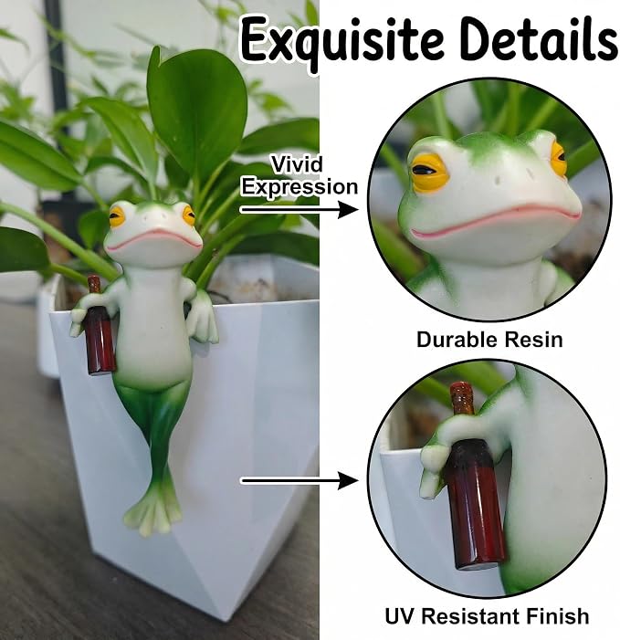 Tipsy Frog Pot Hugger - Miniature Frog Figurines for Plant Pots, Resin Frog Garden Decor Outdoor Statue, Frog Planter Hugger Gift for Nature Lovers（Stand Up）