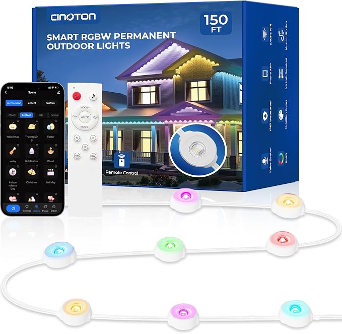 CINOTON Permanent Outdoor Lights 150ft, Smart RGBW+IC Eaves Lights with 90LEDs, IP67 Waterproof, 111 Scene Modes for Daily and Festival, Halloween Christmas Holiday Decor, APP/Voice/Remote Control