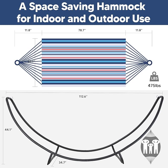SUNCREAT 2 Person Hammock with Stand, Space Saving Free Standing Hammock with Stand Included, Patent Pending, Blue Red