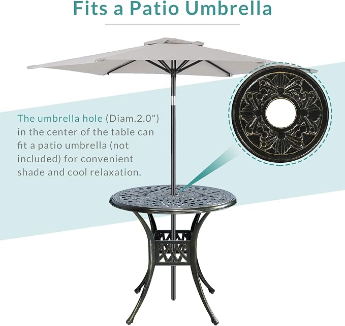 MEETWARM 3-Piece Outdoor Patio Dining Set, All-Weather Cast Aluminum Patio Conversation Set for Backyard Garden Deck with 2 Cushions Swivel Rocker Chairs and 31" Round Table, Umbrella Hole, Ocean Blue