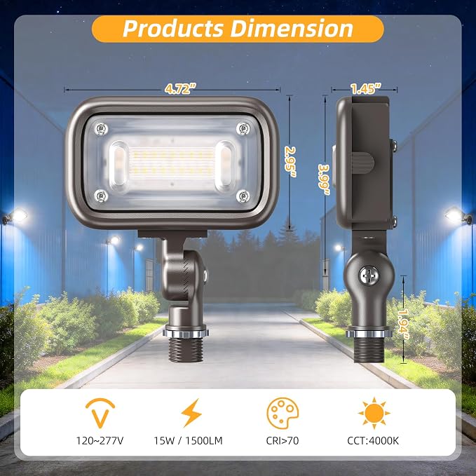 15W LED Outdoor Security Flood Lights 2 Pack,AC 120-277 Input | 100lm/W Efficacy,Super Bright LED Chips,7V×7H Beam Spread,180°Adjustable Knuckle Mount,IP65 Waterproof,4000K Color Temperatur