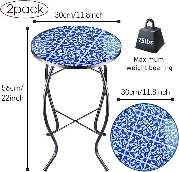 Arbuxzuy 2PCS 12 Inch Small Outdoor Side Table with Blue-White Mosaic, Glass Mosaic Patio Table Indoor, Round Plant Coffee Table for Living Room, Balcony, Garden