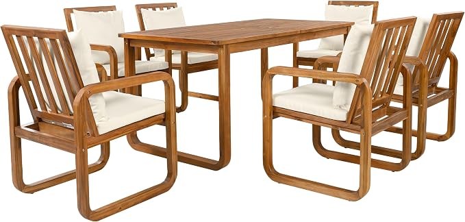 Merax 7 Pieces Patio Dining Set, Outdoor Acacia Wood Furniture for 6, with Table and Removable Cushioned Chairs for Backyard, Beige