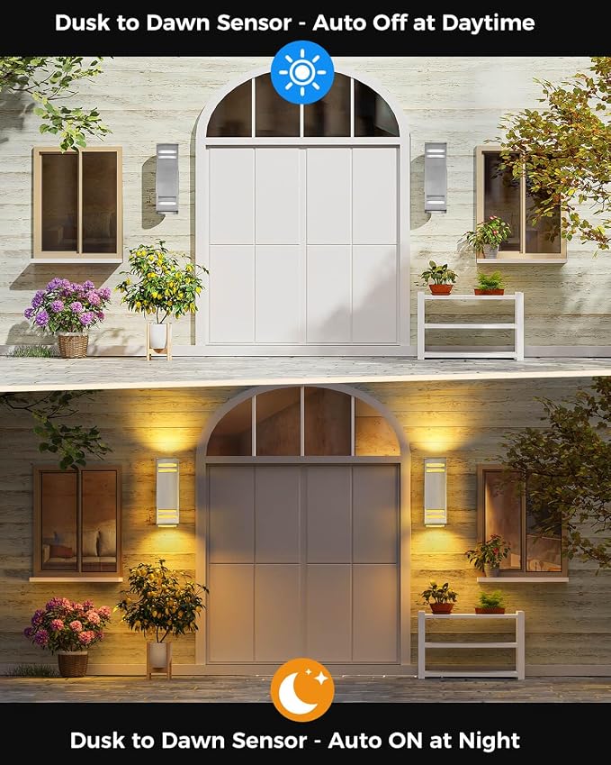 SHIMR Dusk to Dawn Outdoor Lighting, Stainless Steel Modern Sconce, 2 Pack | Brushed Nickel Finish, Up and Down, E26 Base, Bulbs Include, Exterior Light Fixture for Porch Garage Patio