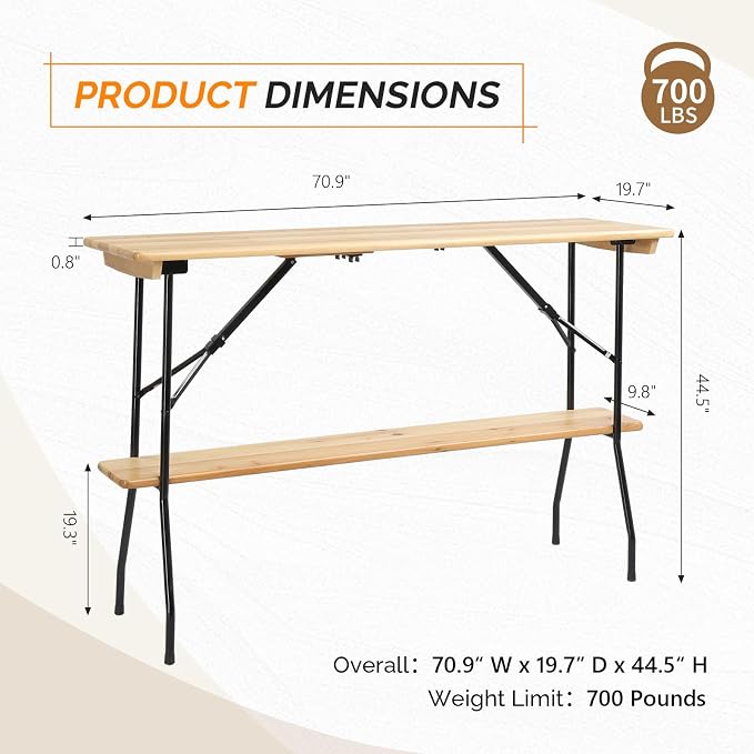VINGLI 70-Inch 2-Tier Wooden Folding Table, Folding Picnic Table with Sturdy Metal Frame, Lower Tabletop Removable for Easy Use,Perfect for Picnics, BBQs, Parties, Bars, and Camping