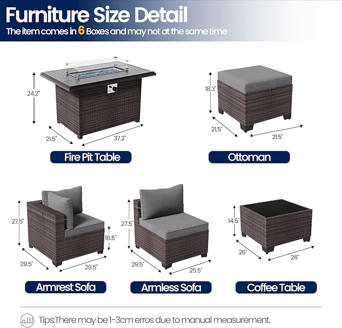 Outdoor Patio Furniture Set, 10 Pieces Outdoor Sectional Furniture with Fire Pit Table, All-Weather PE Rattan Patio Conversation Set with Two Ottomans, Coffee Table for Garden, Deck (Grey)