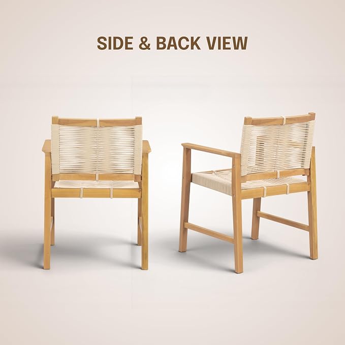 NTC Luno Set of 2 Solid Wood Lounge Armchairs with Handwoven Rope Seat & Back, Indoor & Outdoor Wooden Chairs for Patio Dining Sets, Modern Patio Lounge Chairs, Easy Assembly, Natural