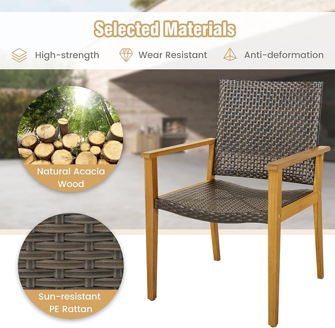 Tangkula 5 Pieces Patio Dining Set, 4 Patio Wicker Armchairs and Round Acacia Wood Dining Table, Outdoor Table and Chairs Set for Backyard, Poolside, Garden