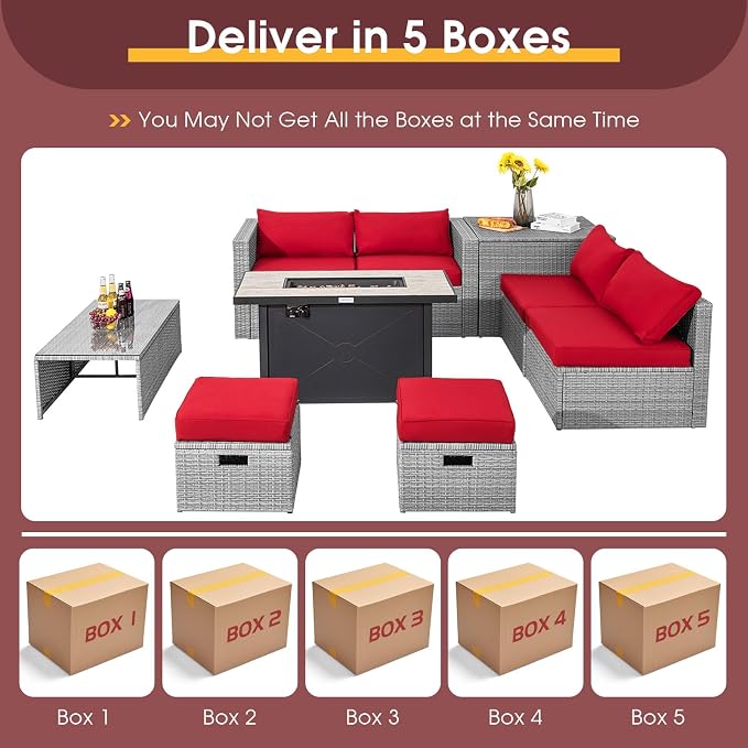Tangkula 9 PCS Patio Furniture Set with 42” 60,000 BTU Fire Pit, Outdoor Space-Saving Sectional Sofa Set with Storage Box, Waterproof Covers Included (Red)