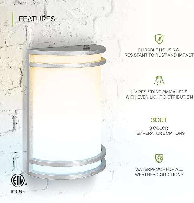 ASD 10 Inch Dusk to Dawn LED Outdoor Sconce Lights - 15W 120-277V 3000K-5000K Nickel Exterior Lighting Fixtures, Exterior Lights for House, Photocell Patio Wall Light Fixture ETL