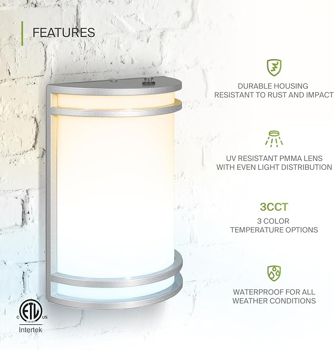 ASD 10 Inch Dusk to Dawn LED Outdoor Sconce Lights - 15W 120-277V 3000K-5000K Nickel Exterior Lighting Fixtures, Exterior Lights for House, Photocell Patio Wall Light Fixture ETL 2 Pack
