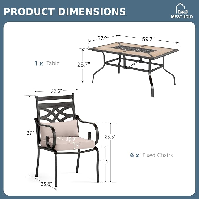 MFSTUDIO 7-Piece Patio Dining Set, 61.5" Metal Table, Cushioned Chairs | Fixed Chairs, Umbrella Hole, Seats 6, All-Weather Use