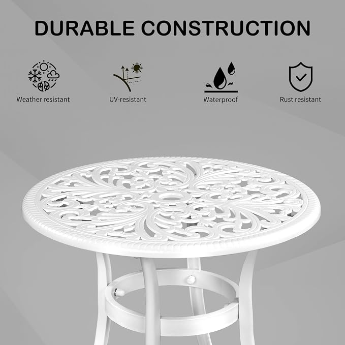 Outdoor Round Side Table with Classical Floral Design, 23.6” Aluminum Round Patio Table for Indoor & Outdoor Use, (White)